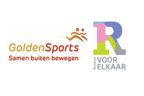 Logo met tekst: GoldenSports, samen buiten bewegen. Logo Renkum voor Elkaar.